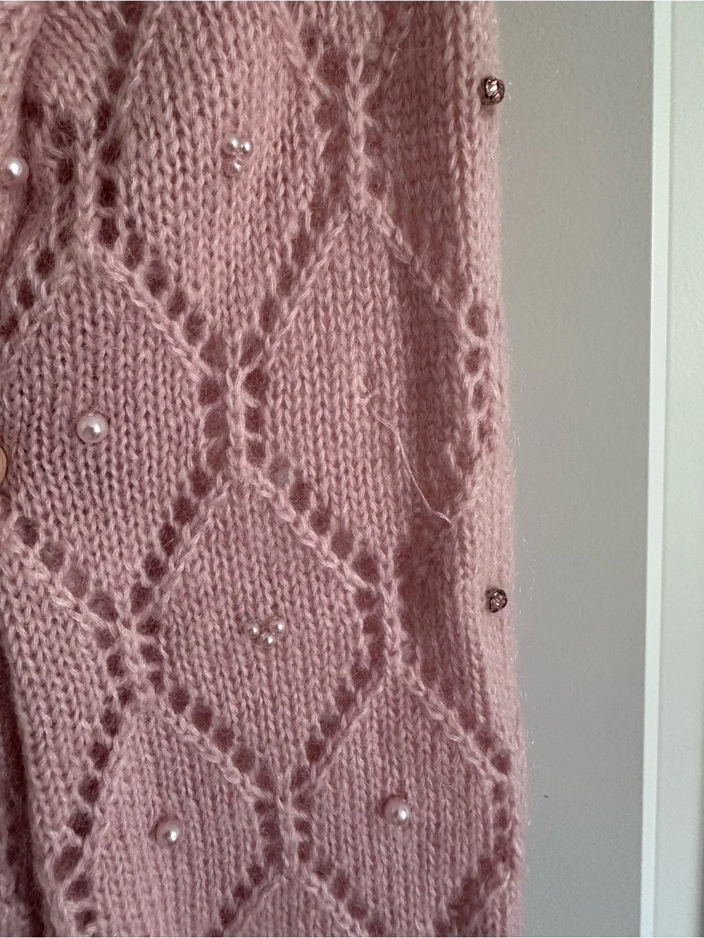 SEZANE Blush Pink Beaded Openwork Knit Federica Sweater